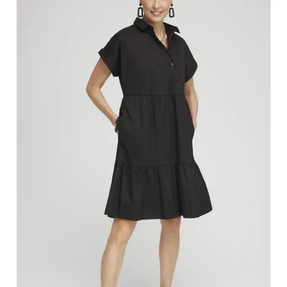 Chicos Poplin Diagonal Button Front Dress Sz 8 Black Size 2.5 EXCELLENT!! - Picture 2 of 7